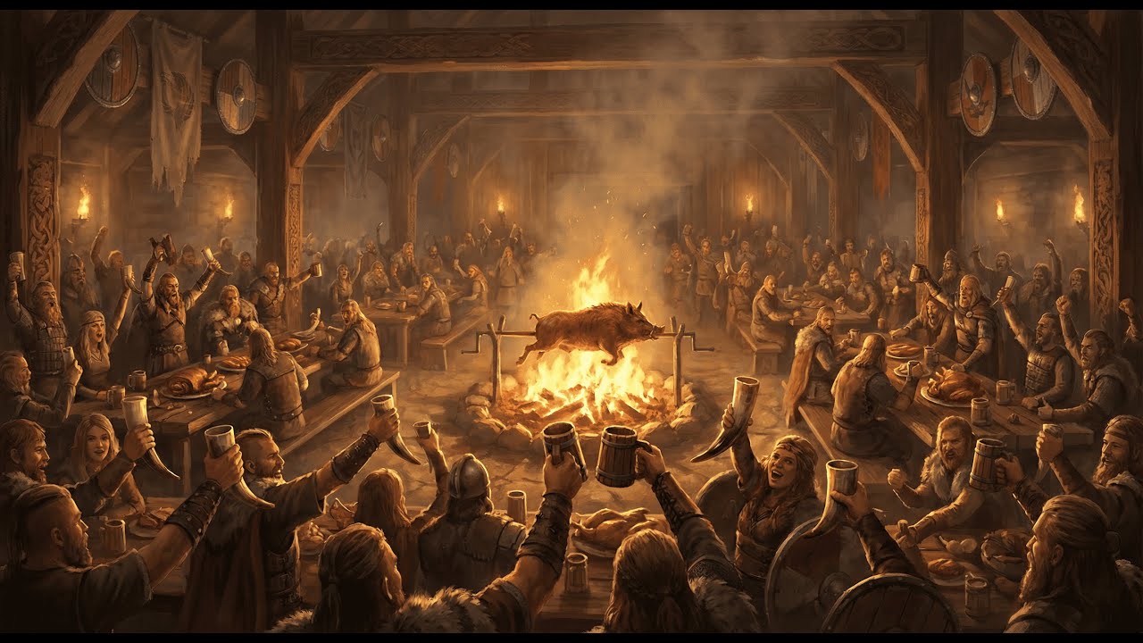Skål! 🍺 Viking Celebration Ambience | Warm Fire, Drums & Merrymaking