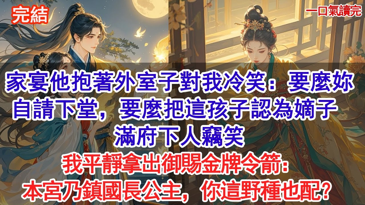 家宴他抱著外室子對我冷笑：要麼妳自請下堂，要麼把這孩子認為嫡子。滿府下人竊笑，我平靜拿出御賜金牌令箭：本宮乃鎮國長公主，你這野種也配？
