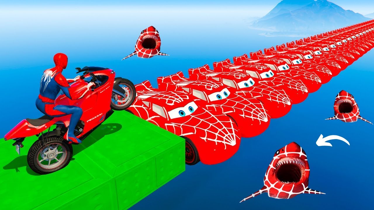 سبايدر مان اصعب دراجة نارية فوق اسماك القرش - Superheroes Ride on Motorcycle Stunt Funny Moments