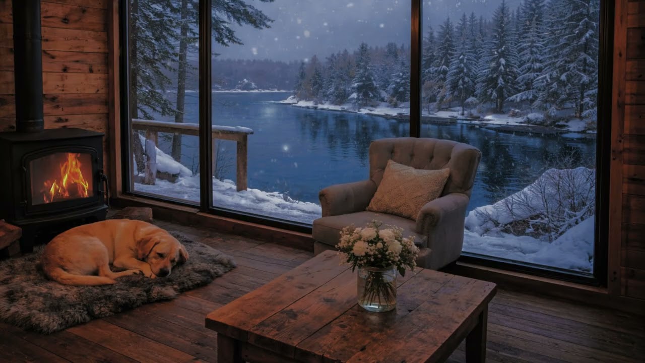 Cozy Fireplace & Snowfall by the Lake ❄️🔥 3 Hours Relaxing Fire Sounds for Sleep