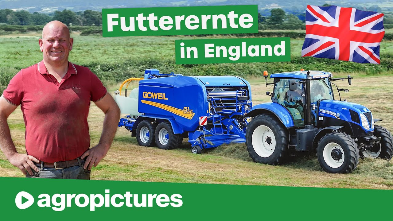 Futterernte in England mit Lohnunternehmer Richard Lennie und der Göweil G1 Kombi Rundballenpresse