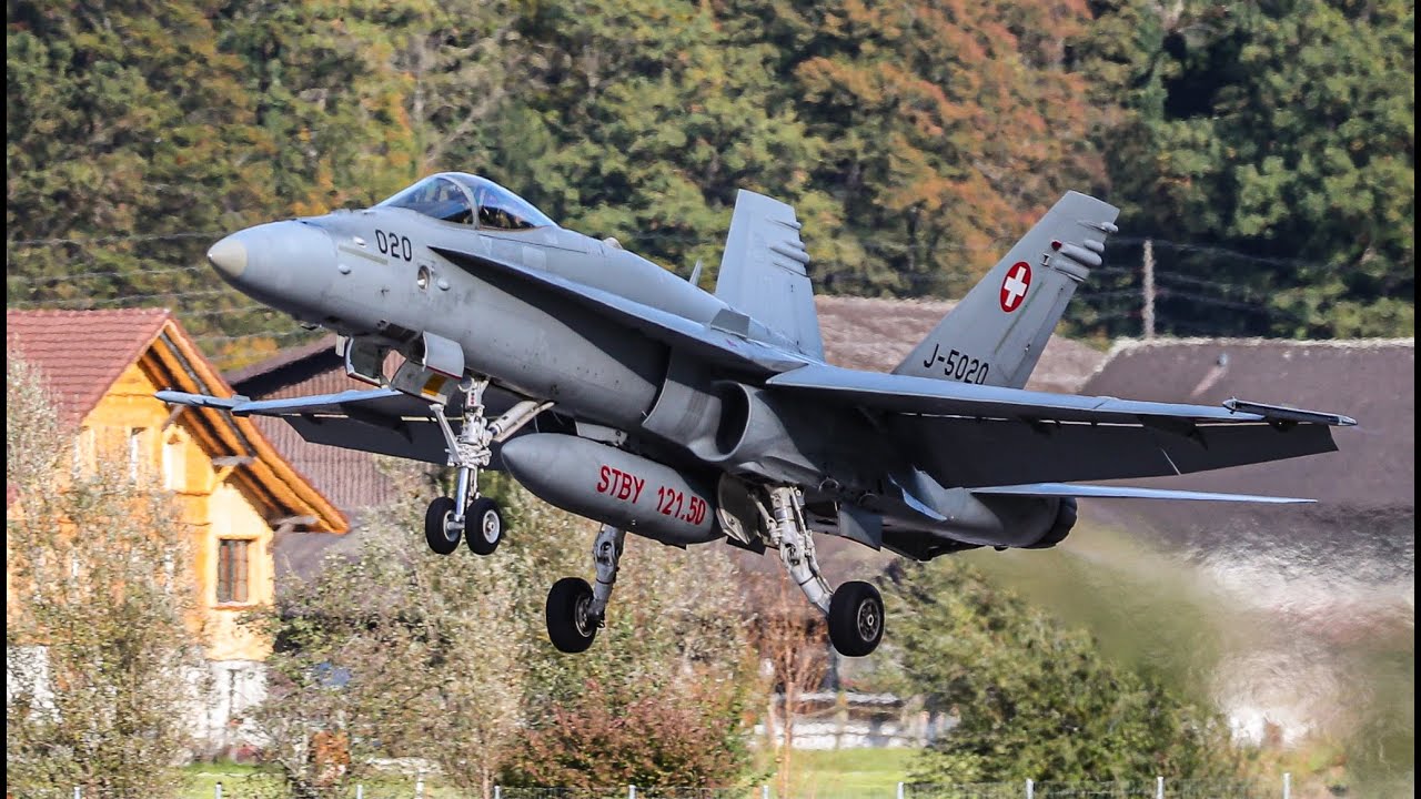 AXALP F18 HORNETS LANDING IN THE STUNNING MEIRINGEN AIRFIELD - 4K