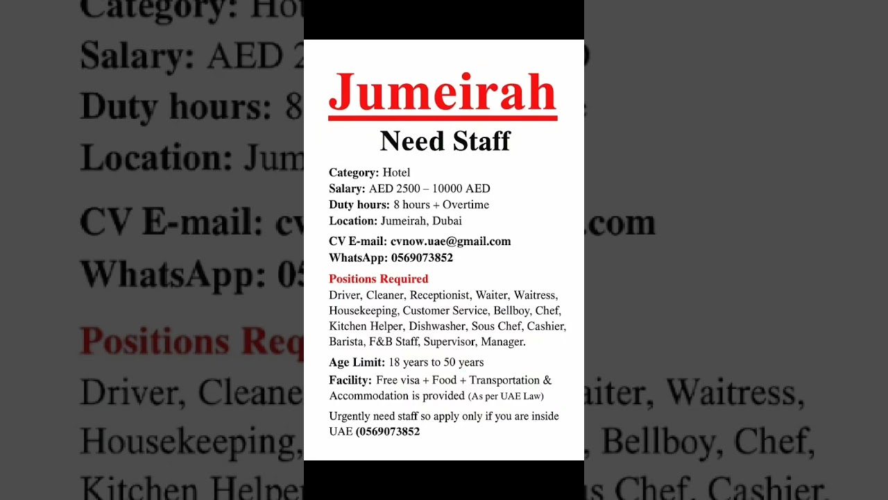 Jumeirah Hotel Jobs 2025 | Hospitality & Customer Service Careers UAEApply Now at www.jobyouneed.com
