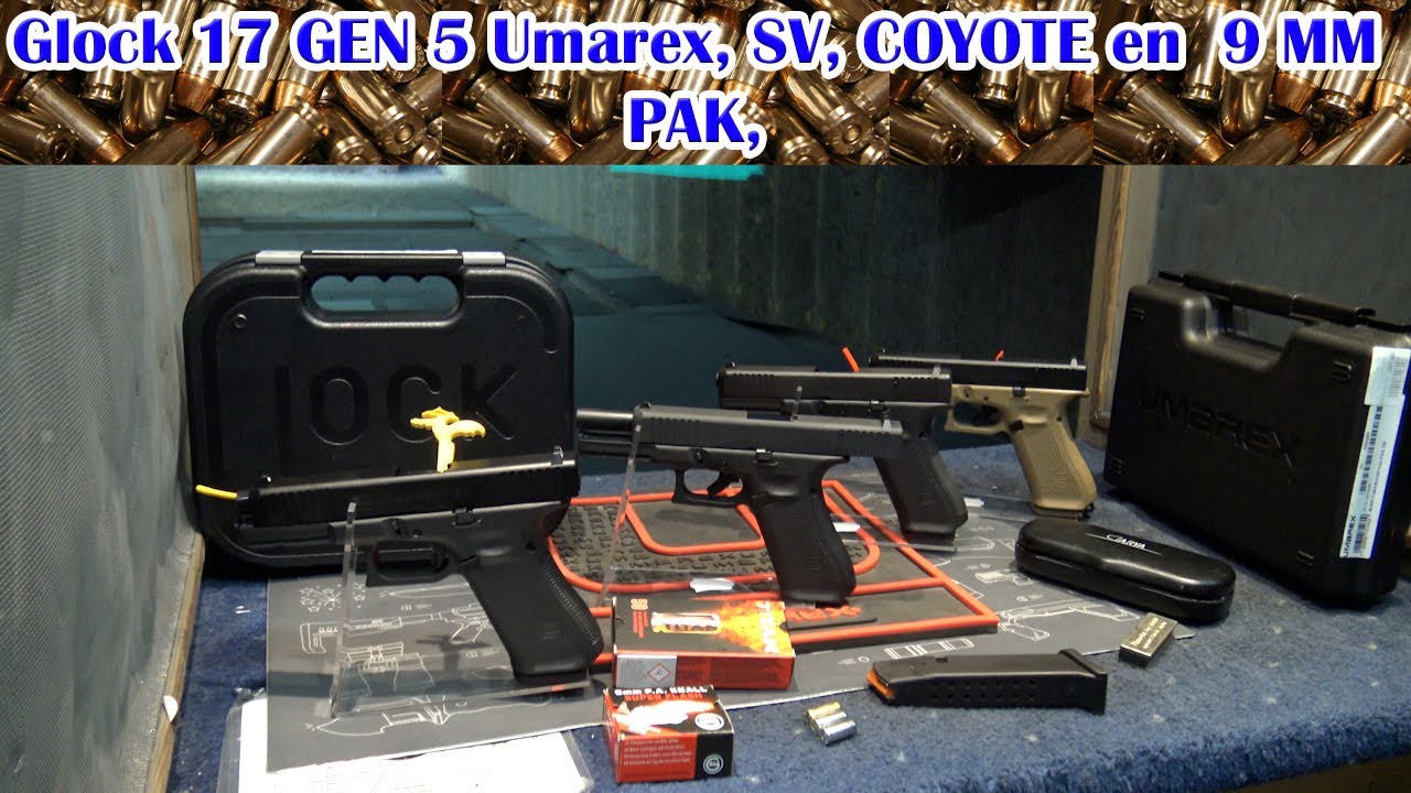 Glock 17 à blanc, SV, Coyote, 9mm PAK embout balle caoutchouc, 20 mètres