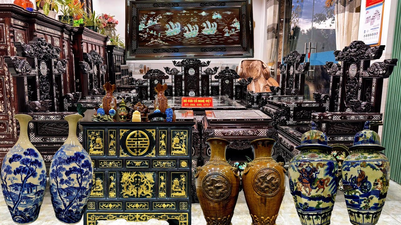 28/08/2025 Báo giá Bộ bàn ghế ngũ lân VIP khủng, tủ thờ huế, bình phong, tủ trưng bày, trường kỷ đục