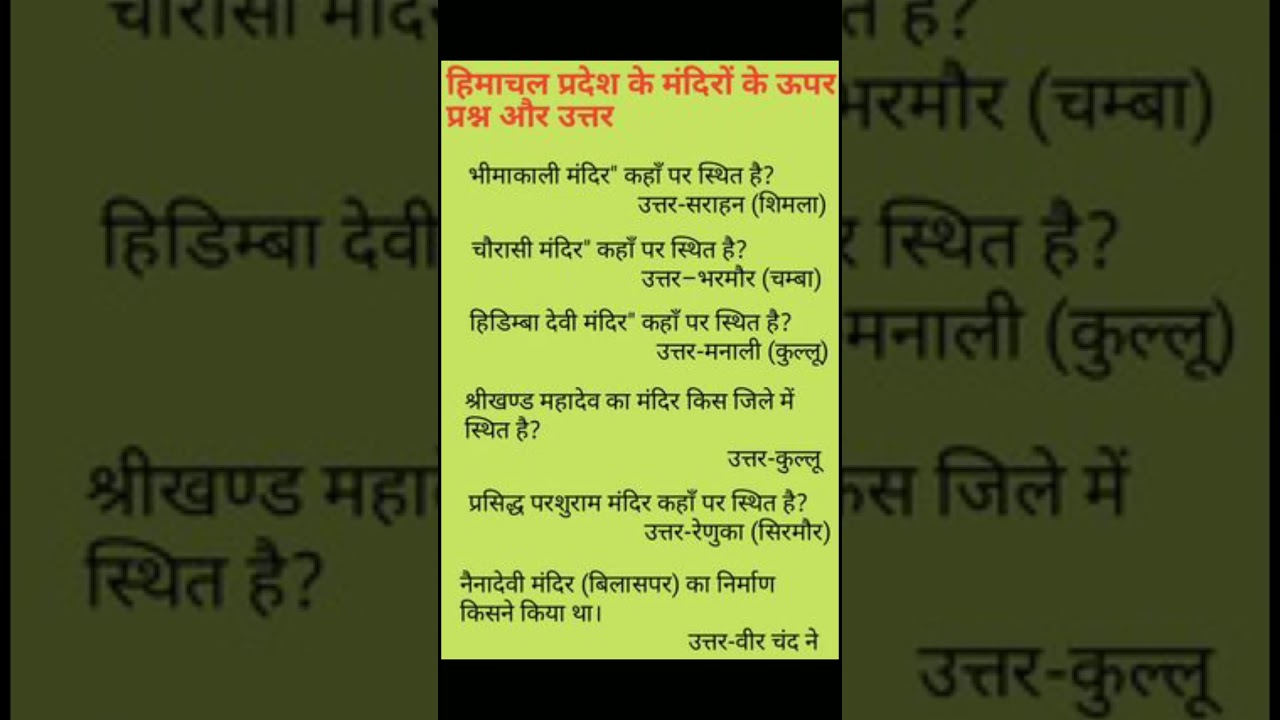 Hp gk ll Important name of Himachal Pradesh temple