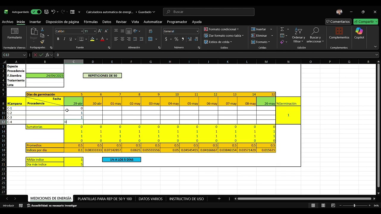 Tutorial de uso de calculadora automática de energía germinativa. EXCEL