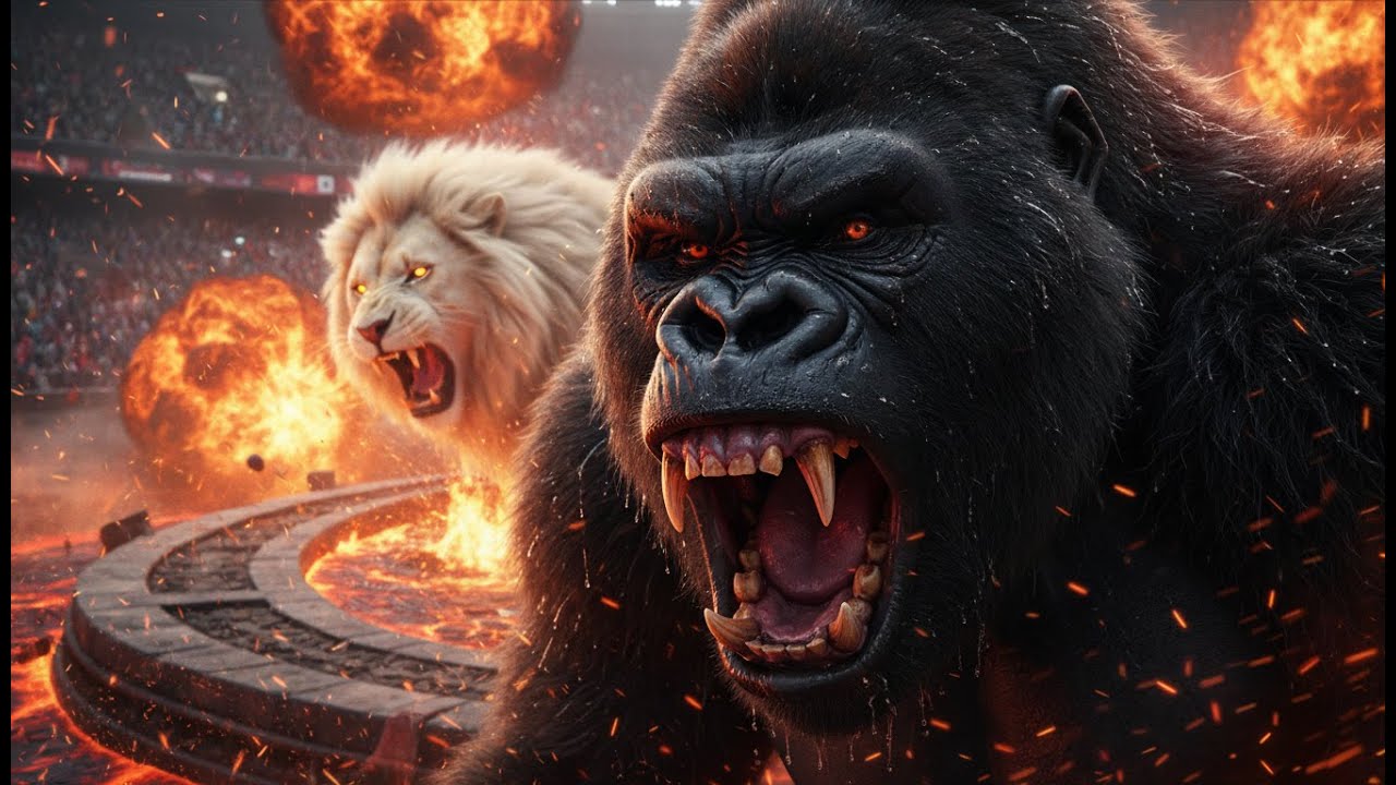 Epic Stadium Show: Black Gorilla, White Lion, Fiery Water Stunts & Massive Crowd Roars!