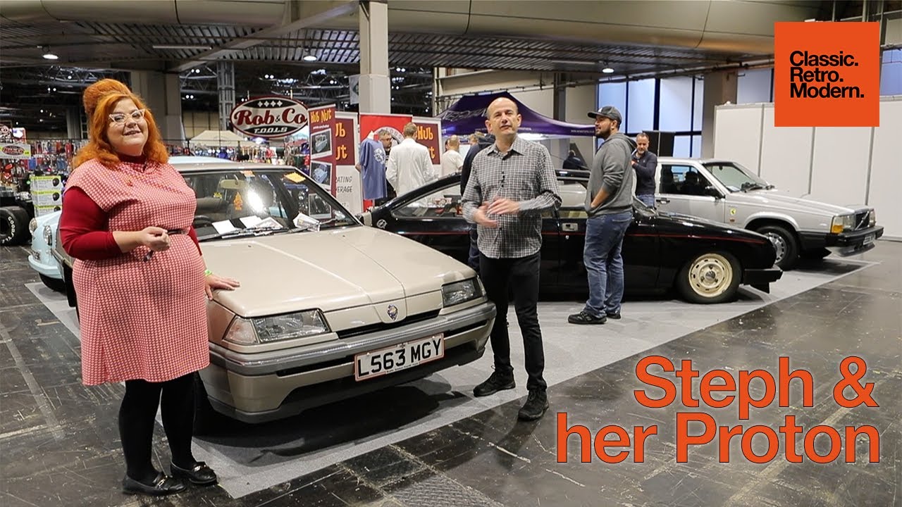 Steph Holloway from idriveaclassic and her Proton at the NEC Classic Car Show