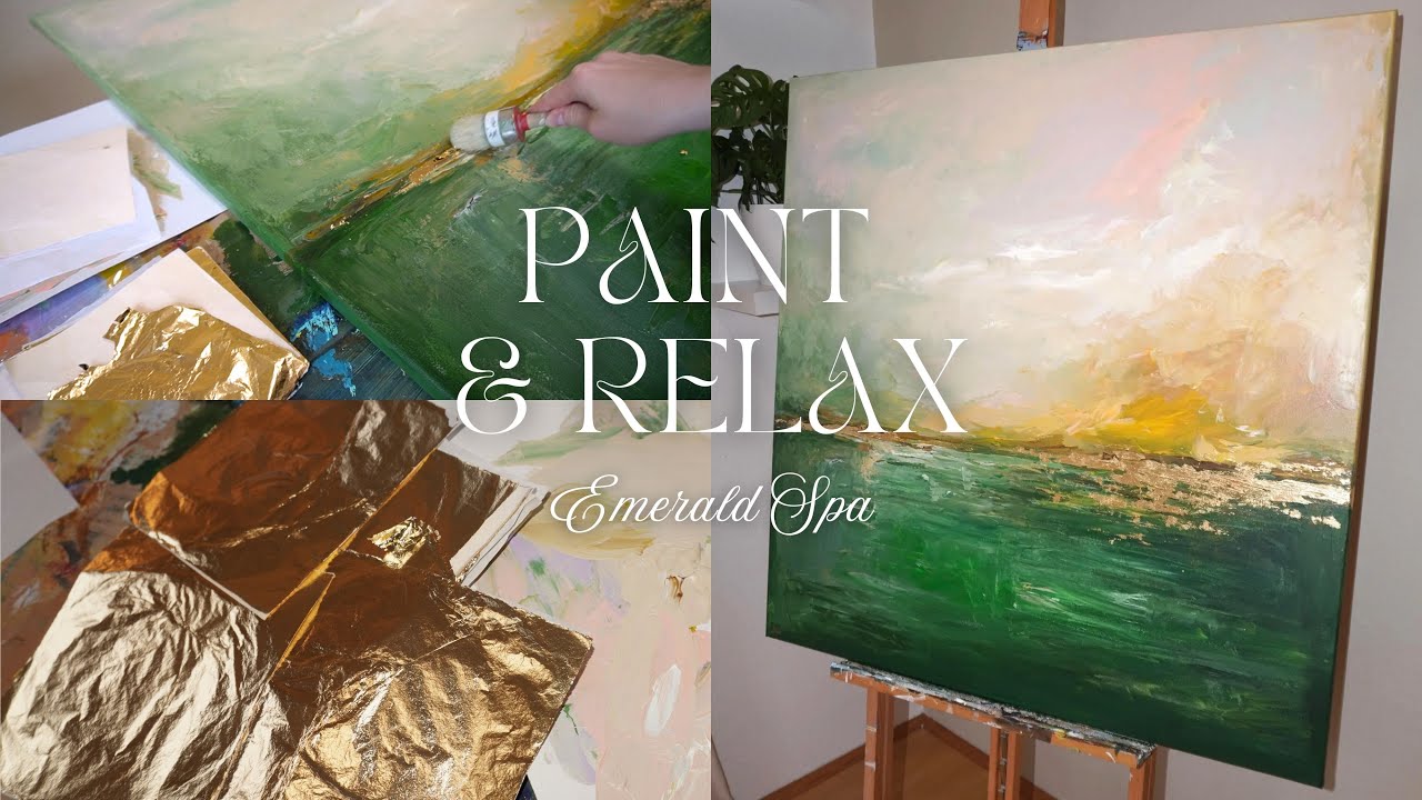 Emerald Spa 🌿 Abstrakte Malerei mit tiefem Grün und warmen Goldtönen, Gemälde mit Blattgold Imitat