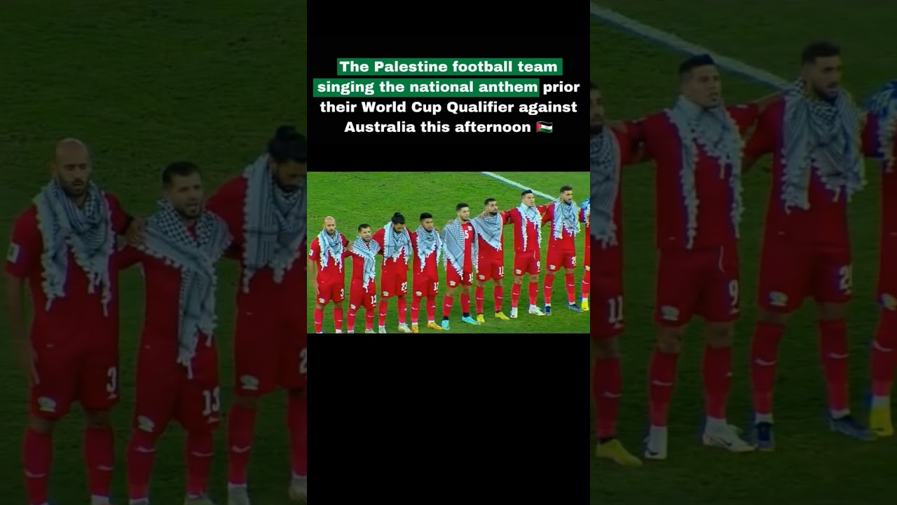 The Palestine football team sing the national anthem prior to World Cup Qualifier against Australia