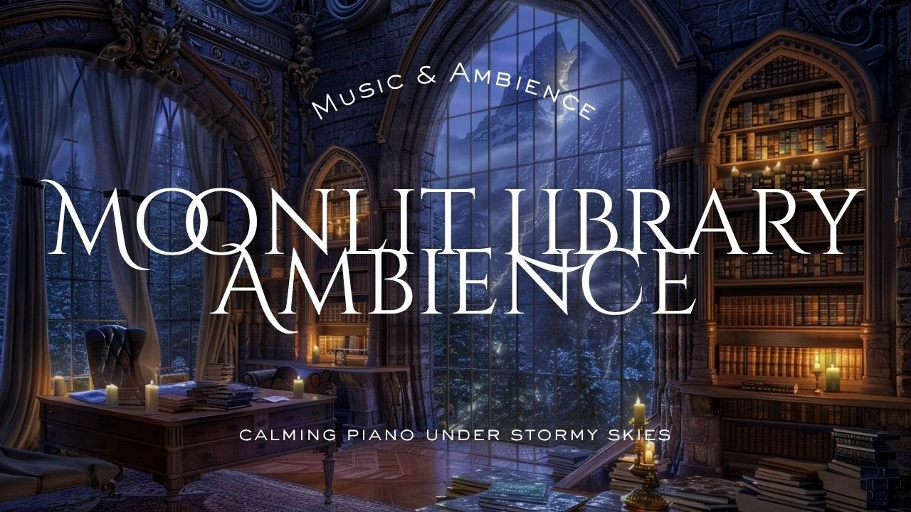 Moonlit Library Ambience ✨ Calming Piano, Thunder & Candlelight | Study &bull; Read &bull; Dream