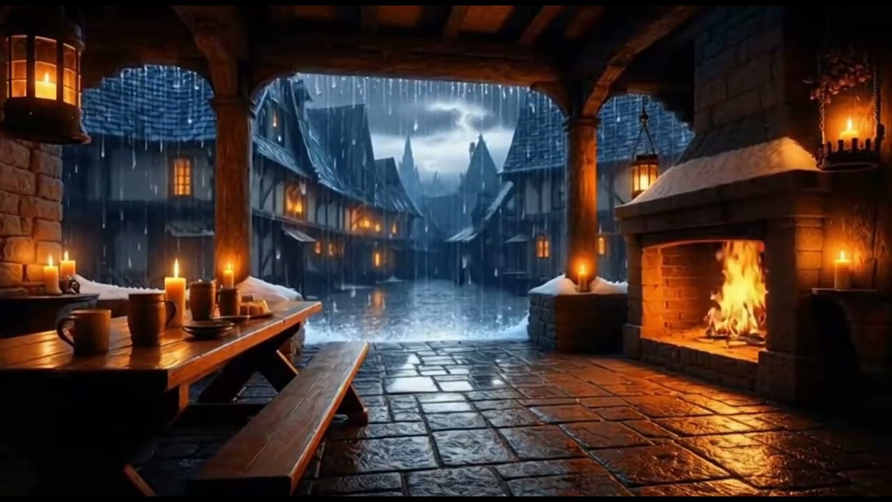 Rain Against the Stone Tavern 🔥 3 Hours Medieval Ambience