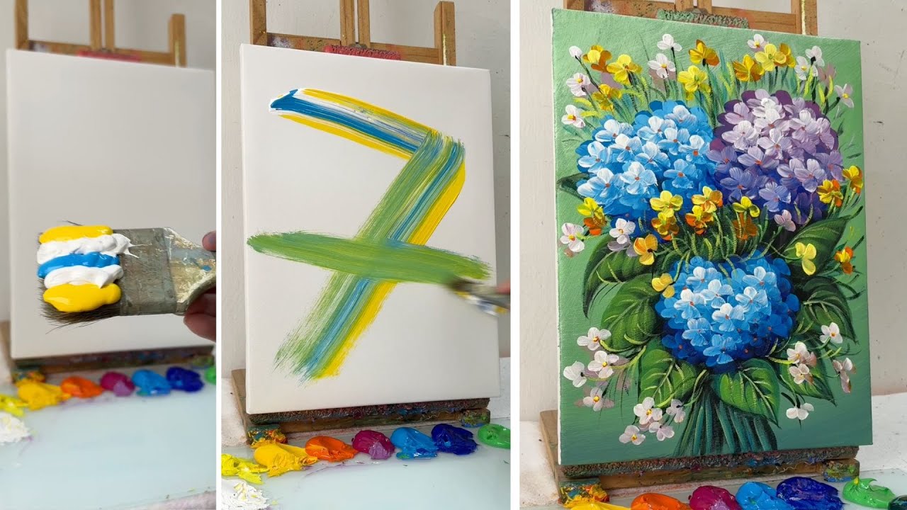 How to Paint Colorful Hydrangeas in a Vase | Easy Acrylic Flower Painting Tutorial #345