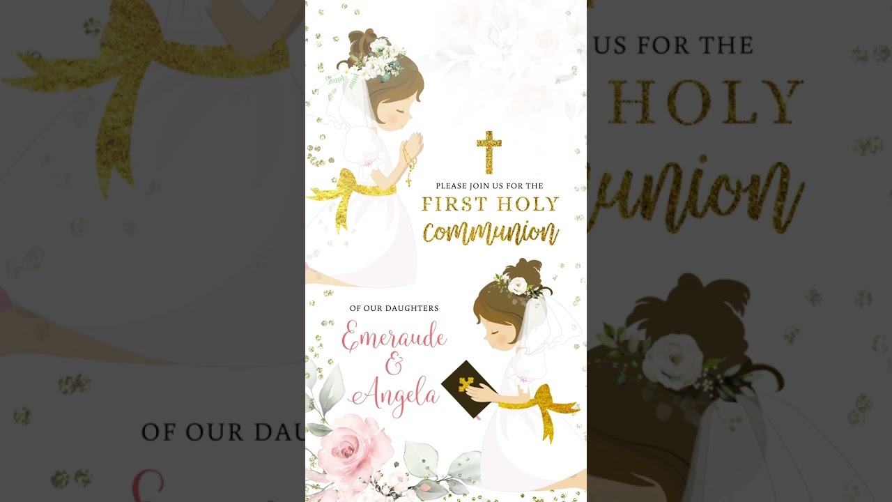 W34 Pink Blush Floral Girl Twin First Holy Communion Invitation