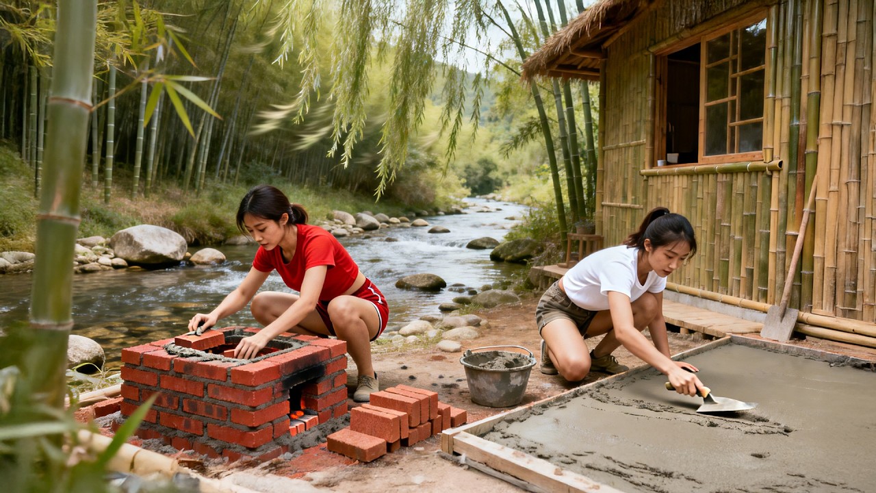 TIMELAPSE - Build Stoves, Pour The Kitchen Floor, BUILD LOG CABIN in the Forest from Start to Finish