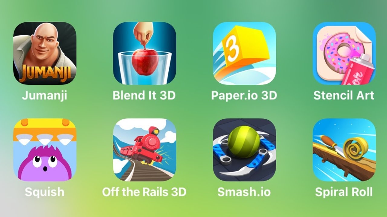 Jumanji, Blend It 3D, Paper.io 3D, Stencil Art, Squish, Off The Rails 3D, Smash.io, Spiral Roll
