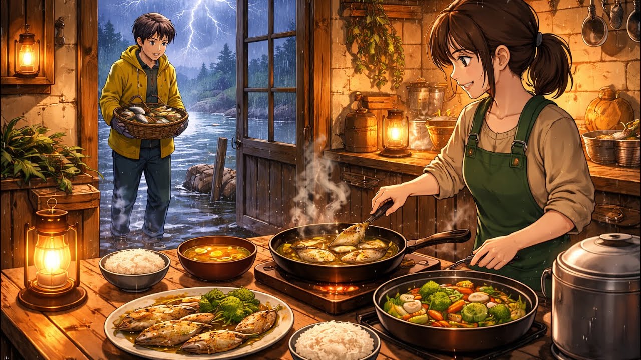 Heavy Rain at the Riverside Mountain Home | Cozy Fishing, Cooking & Dinner | Ghibli-Style Slow Life