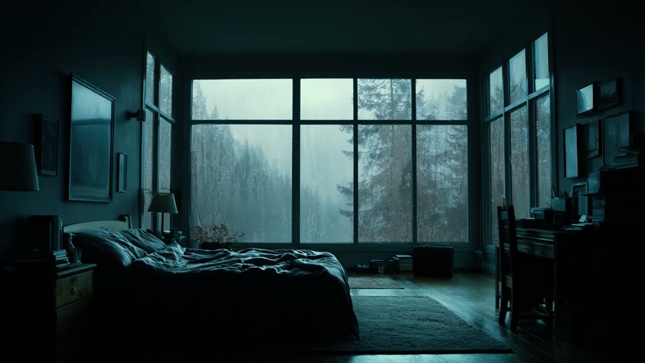 Rain on Window in a Dark Forest Bedroom - Intense Thunderstorm Sounds for Deep Sleeping Fast