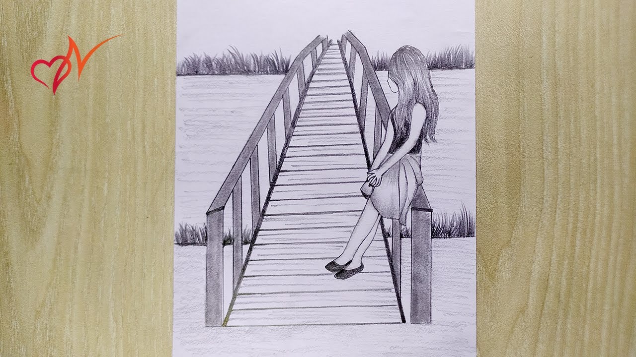 Sad girl sitting alone on a bridge || Pencil sketch scenery drawing for beginners