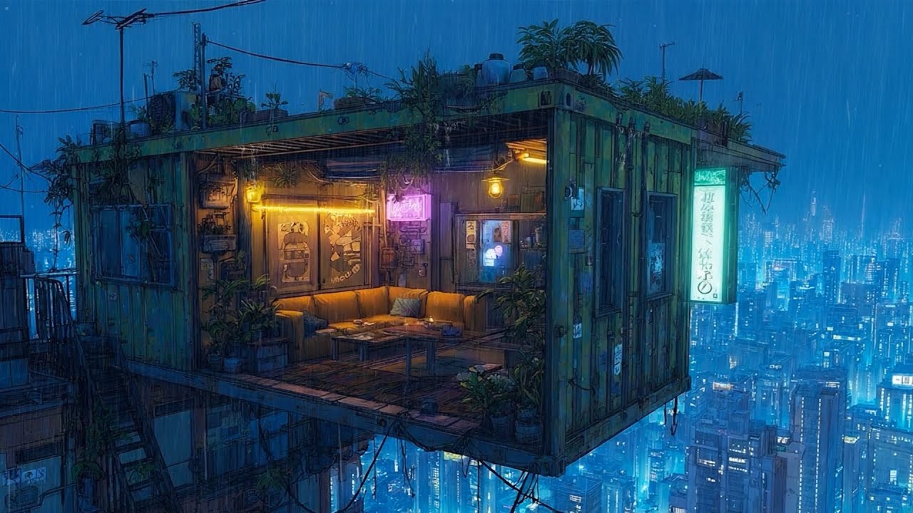 🎵 Cozy Cyberpunk Loft: Rain and Ambient Music | Cyberpunk Bedroom above the City | 4K