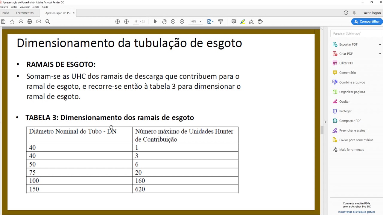 DIMENSIONAMENTO DOS RAMAIS DE ESGOTO
