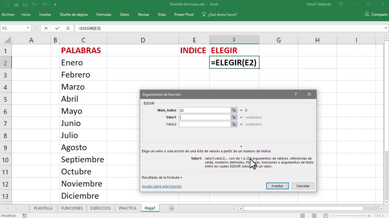 Función ELEGIR en Excel