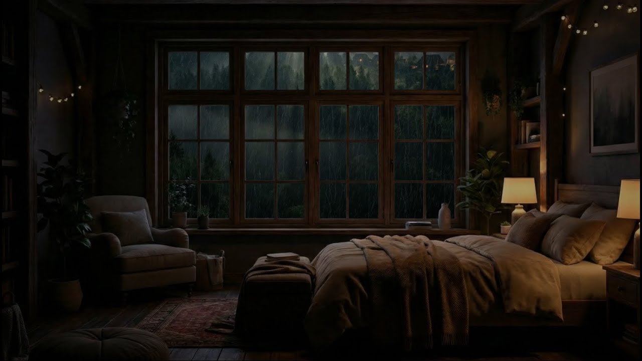 Yağmurlu Pencere ve Yatak Odası 🌧️🛌 | Uyku İçin Yağmur Sesi | TV Ekran Tablosu | 4K Tablo Ekran