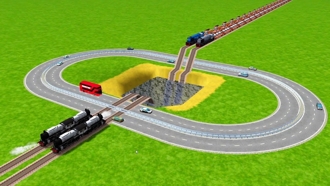 2 STEAM TRAINS VS DEEP WATER GIANT PIT SQUARE RAILROAD TRACKS | Train Simulator Classic/Beamng Drive