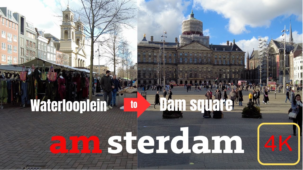 Amsterdam Walking Tour - Waterlooplein to Dam Square - Sunny day - 4K