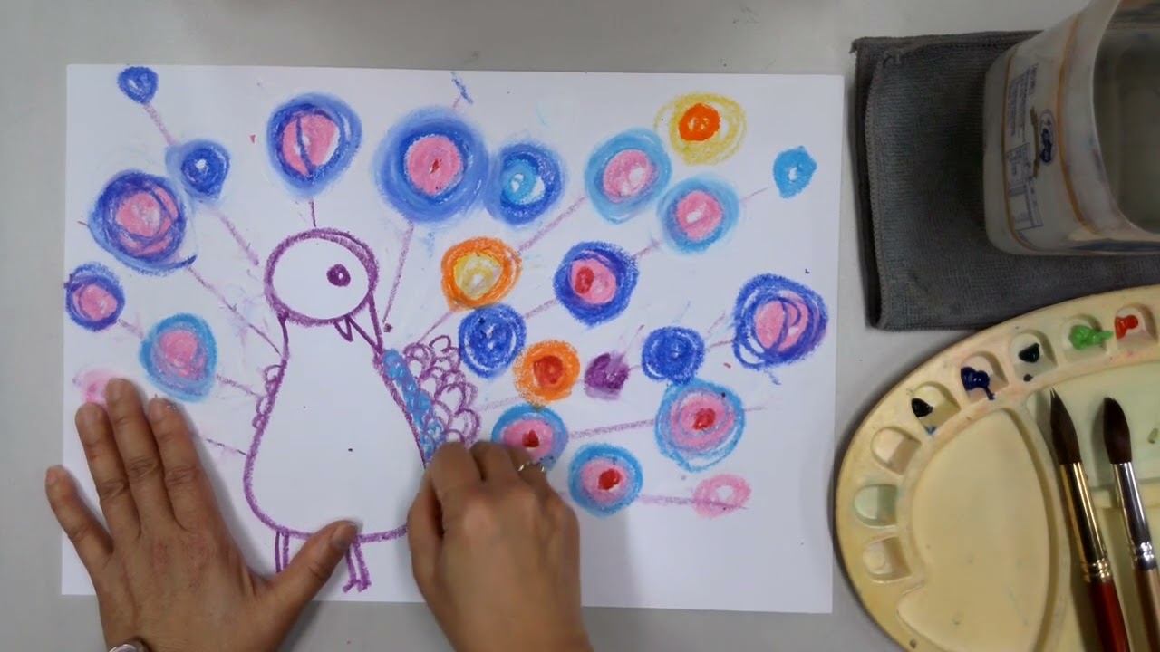 20211123  低年級美勞課  美麗的孔雀   粉蠟筆  水彩油水分離體驗