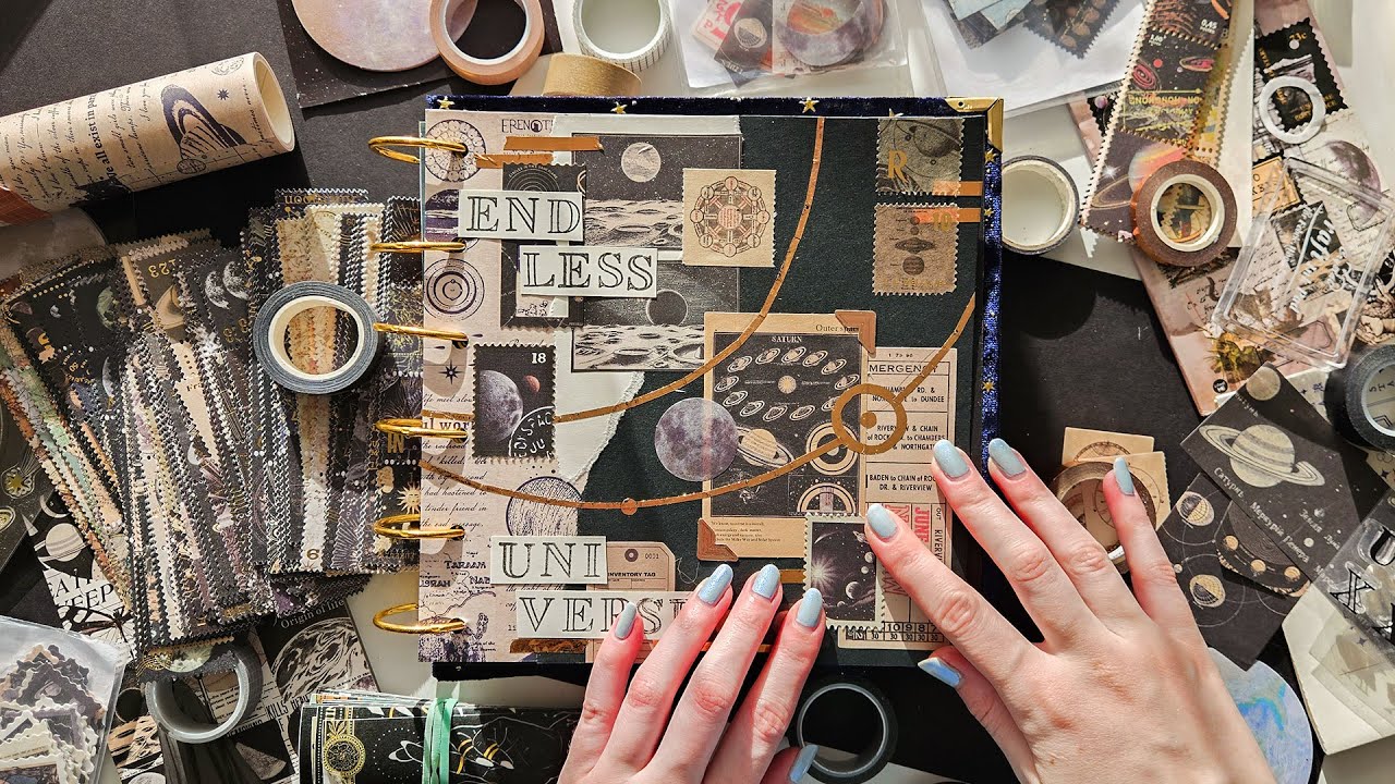 ASMR Scrapbook With Me | Vintage Space Theme 🪐 | Relaxing Stationery Sounds | No Talking