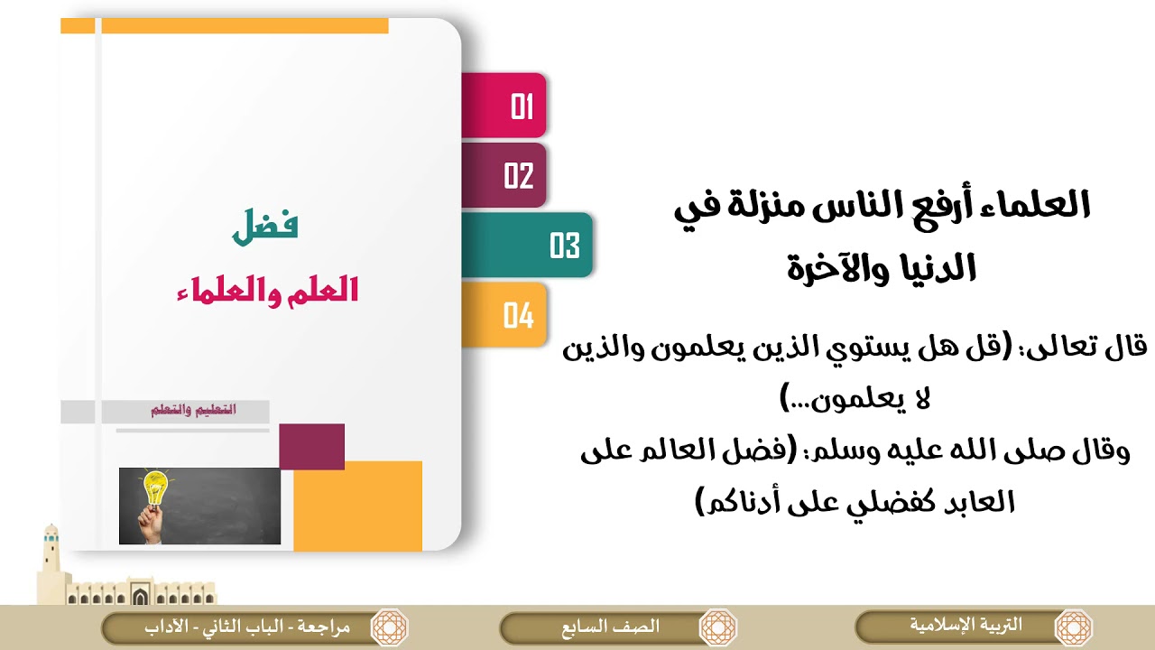 الصف السابع   التربية الإسلامية   مراجعة الباب الثاني  الآداب والأخلاق