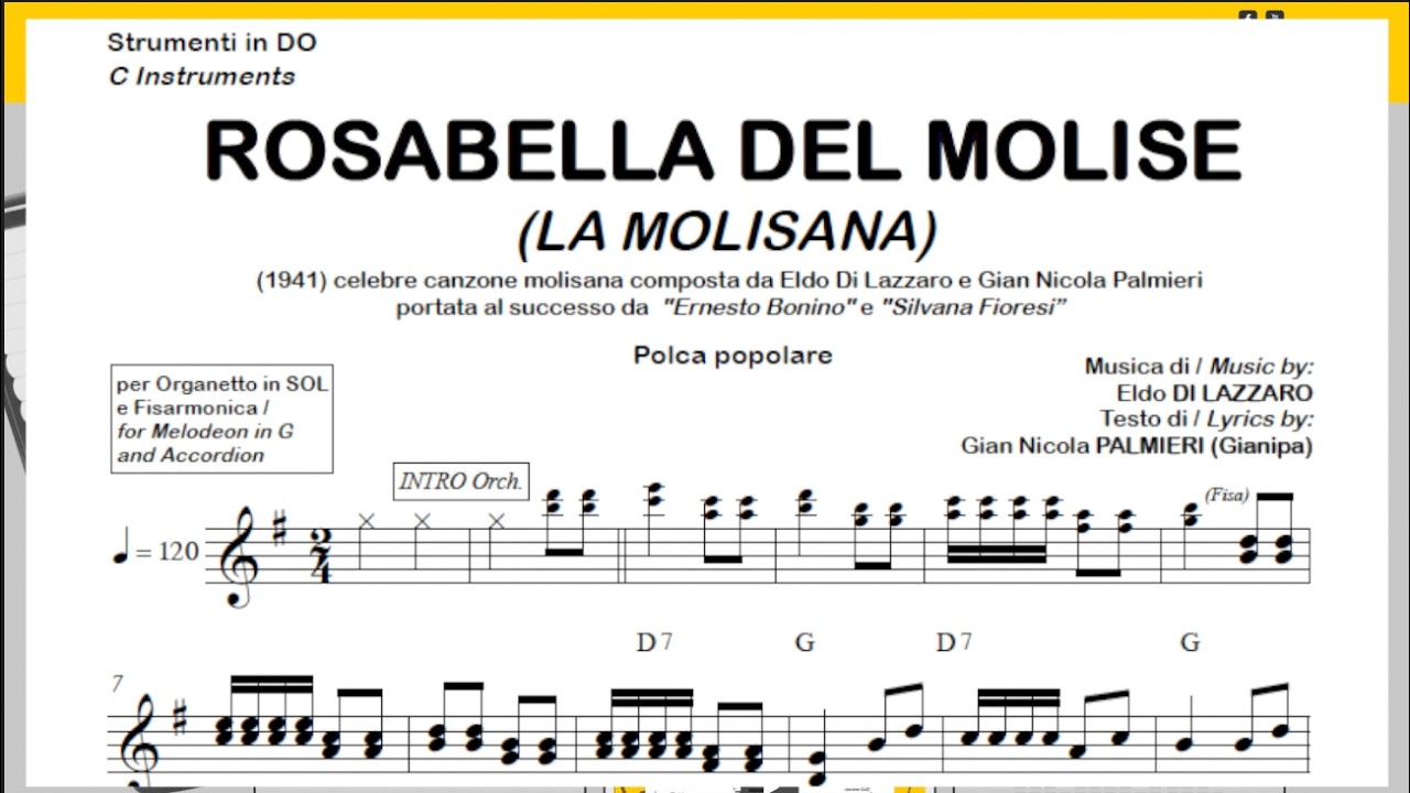 ROSABELLA DEL MOLISE (LA MOLISANA)(in SOL) polca popolare: Base Spartiti DO Sib Mib Testo Organetto