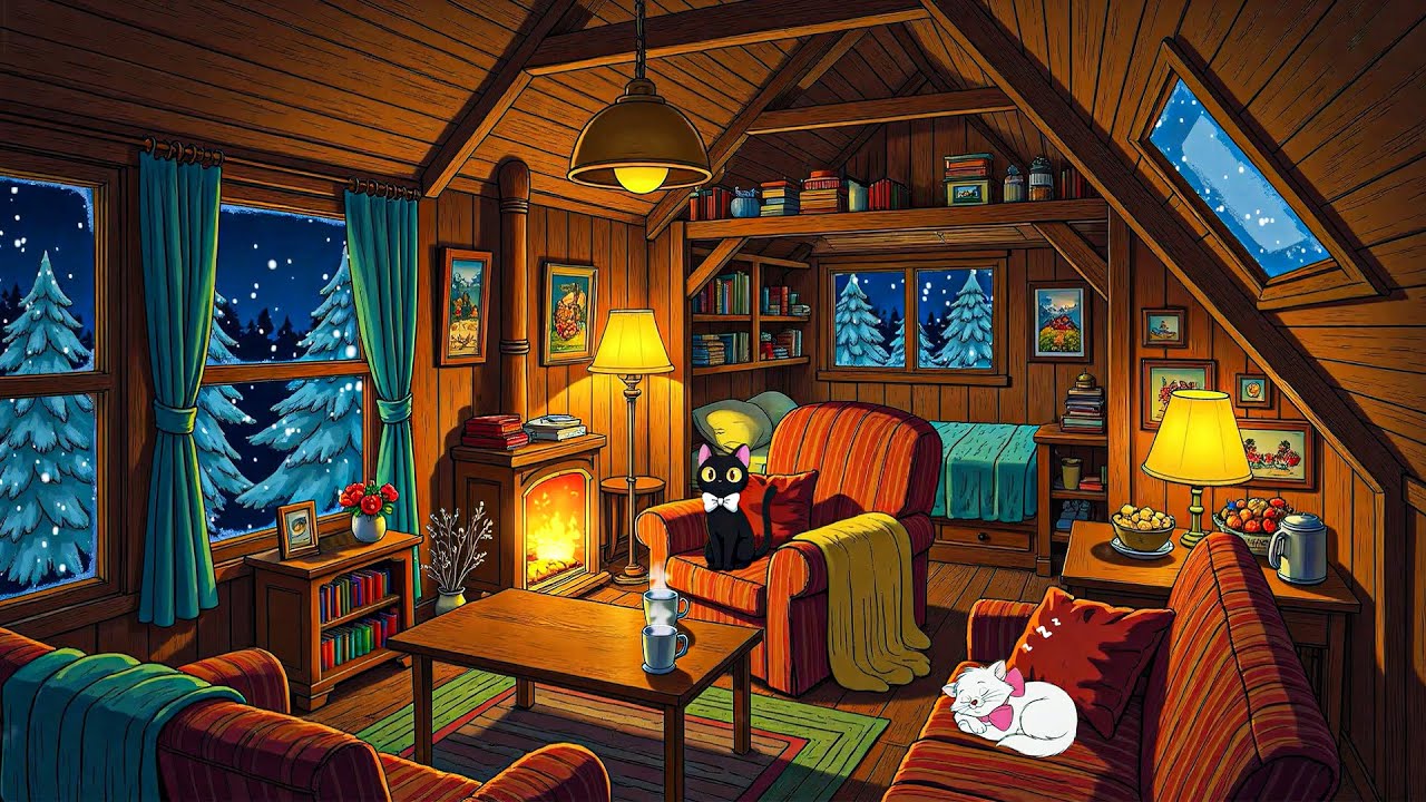 Oldies Playing in Another Room in a 1950s Silent Snowy Night with Crackling Fireplace