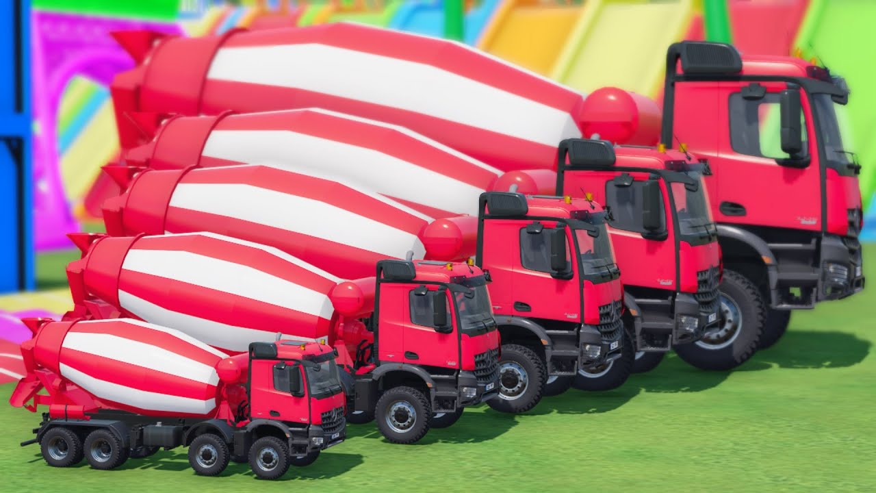 Mixer Trucks of Colors! SCANIA, JCB, MCQUEEN WITH DOUBLE FLATBED TRAILER TRUCK TO GARAGE, FS22 