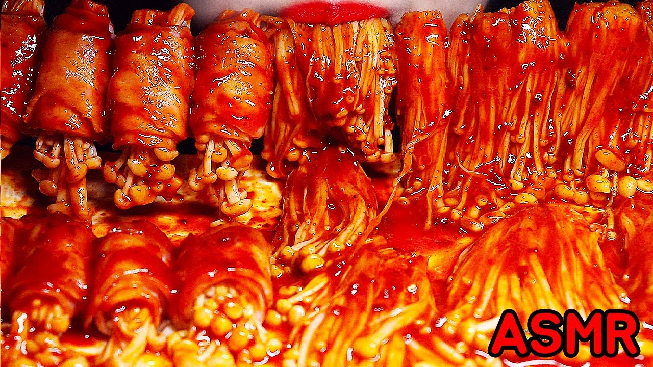 ASMR Real Spicy bacon enoki mushrooms 핵매운 팽이버섯 베이컨 말이 먹방 NO TALKING EATING REAL SOUNDS