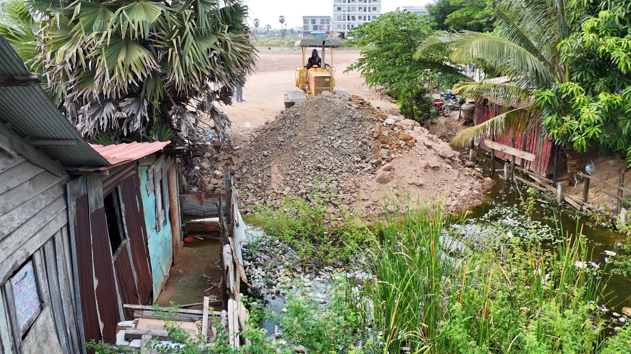 Skilled Operation Begin Work! KOMATSU Dozer & Dump Trucks Powerfully Fill the Hole with Stone & Soil