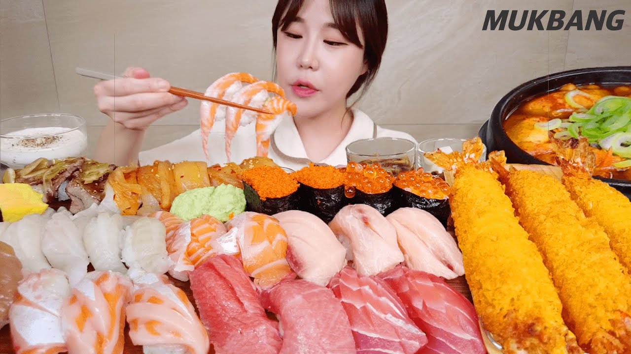 титр) Salmon Tuna Kimchi Beef Flatfish fin Sushi Fried Blacktiger Shrimp Roe REAL SOUND ASMR MUKBANG