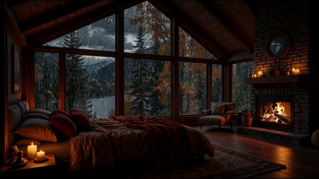 Cozy Autumn Night Piano with Rain and Fireplace Sounds for Deep Sleep