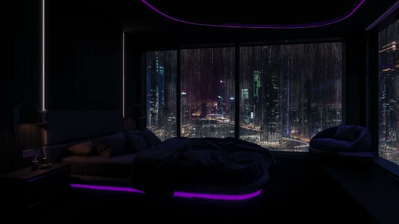 Rain & Thunder Outside the Window 🌧️Soft Neon Lights Calm Luxury Neon Bedroom 🏙️🛏️For Deep Sleep