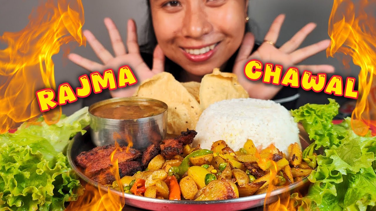 RAJMA CHAWAL | EATING RAJMA CHAWAL, ALOO BHAJI, KARELA PAKODA AND PAPAD | MUKBANG