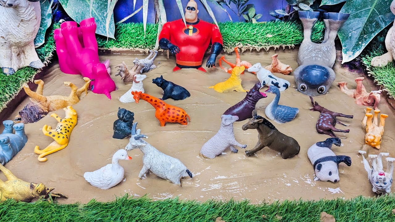 Two Big Animals And One Big Super Hero Stuck In Sandbox Cheetah Lion Giraffe Sheep Goat Hippopotamus