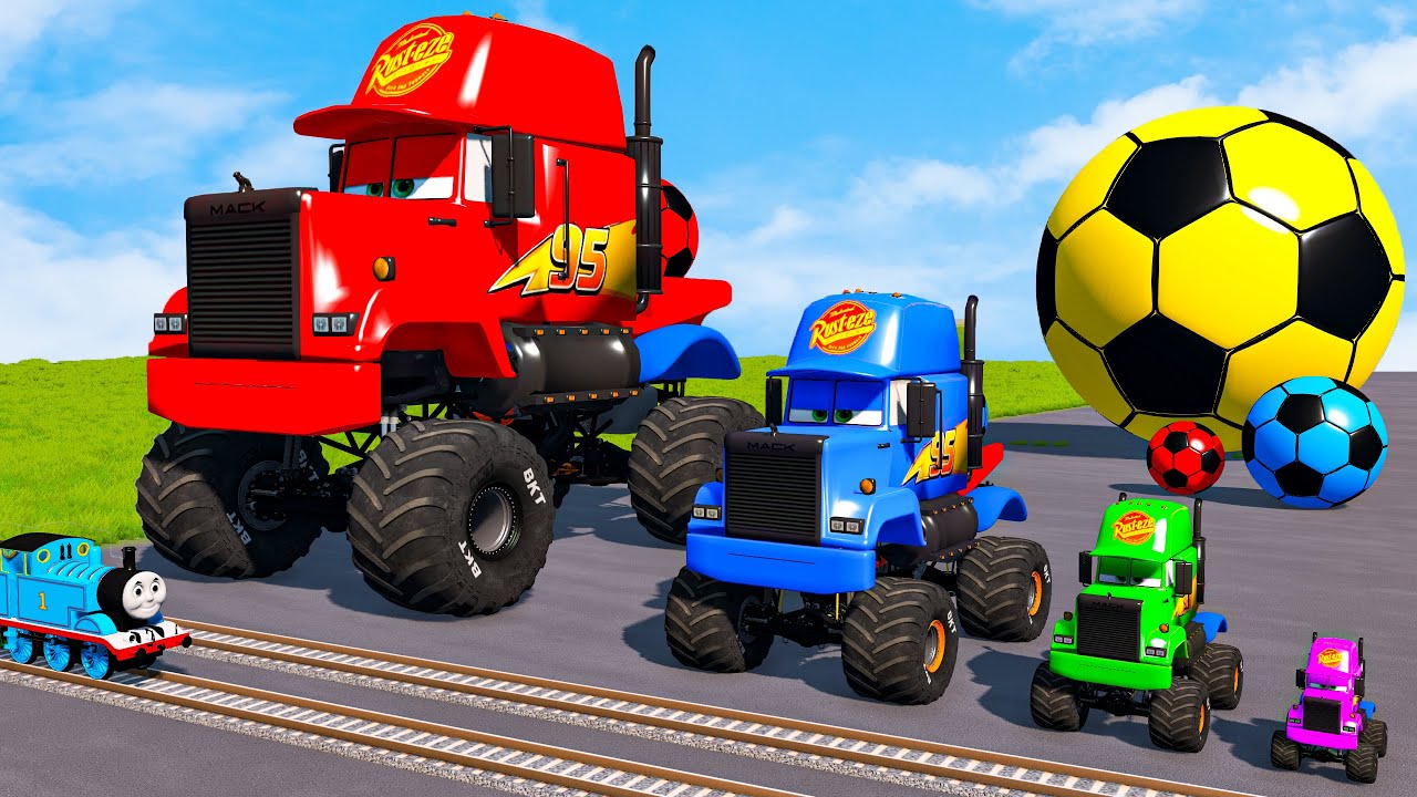 4 MONSTER TRUCKS vs Big & Small Long Mack Truck with Ball vs Train Thomas - BeamNG.Drive