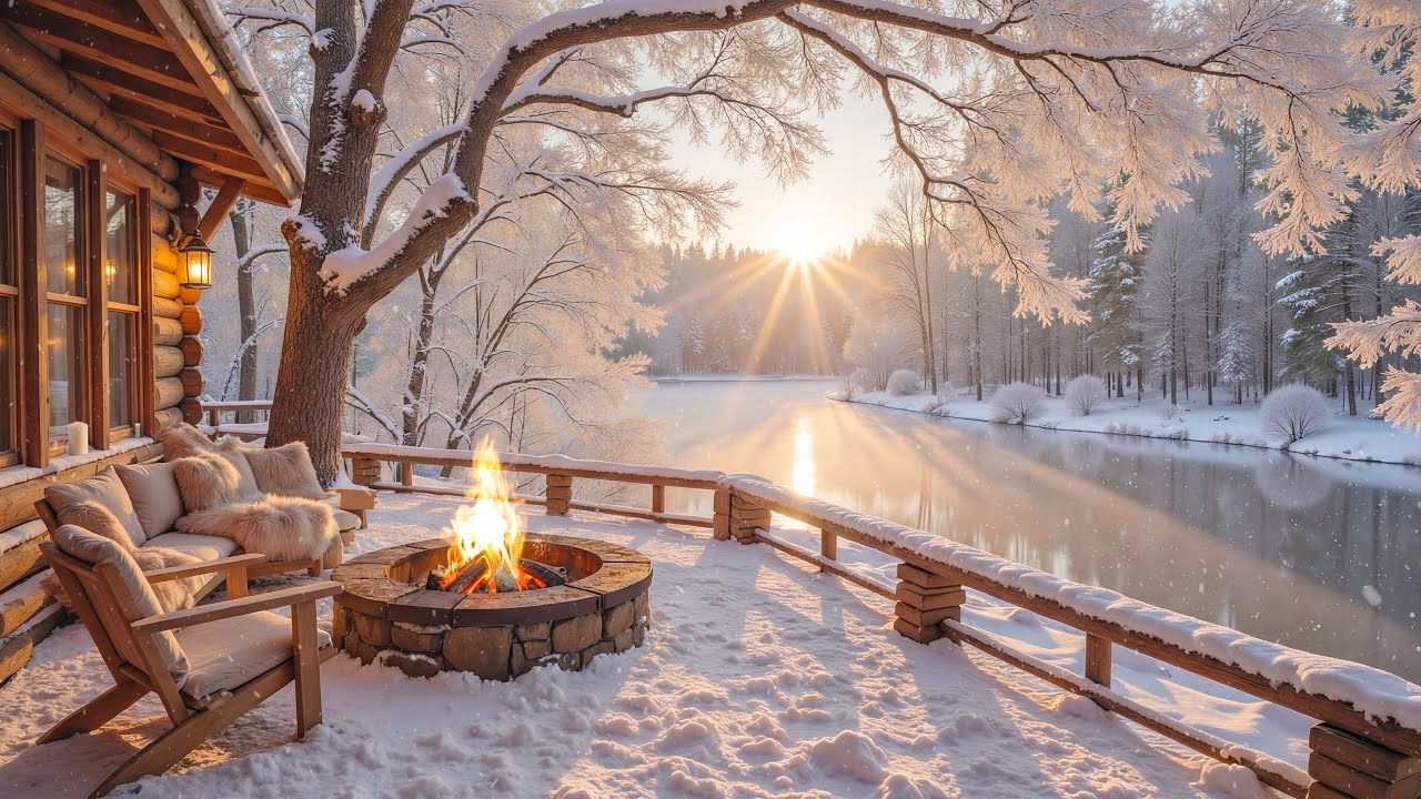 Уютный зимний домик у реки на рассвете ❄️ Камин, снегопад и спокойная утренняя атмосфера