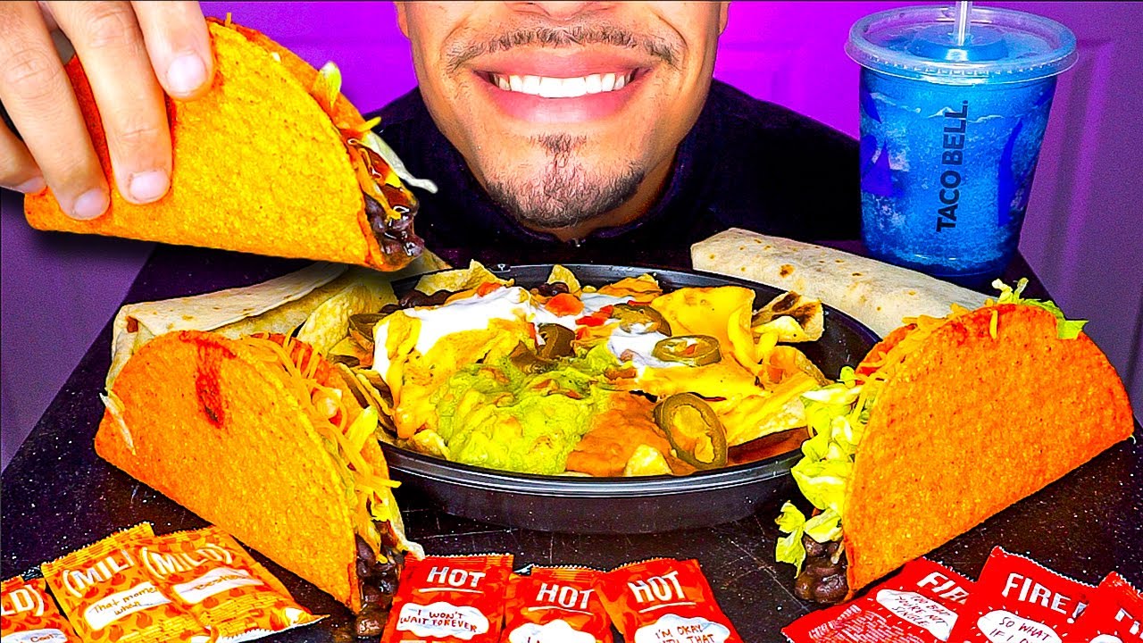 ASMR EATING TACO BELL MUKBANG TACOS NACHOS WITH CHEESE BURRITO FREEZE DRINK JERRY NO TALKING