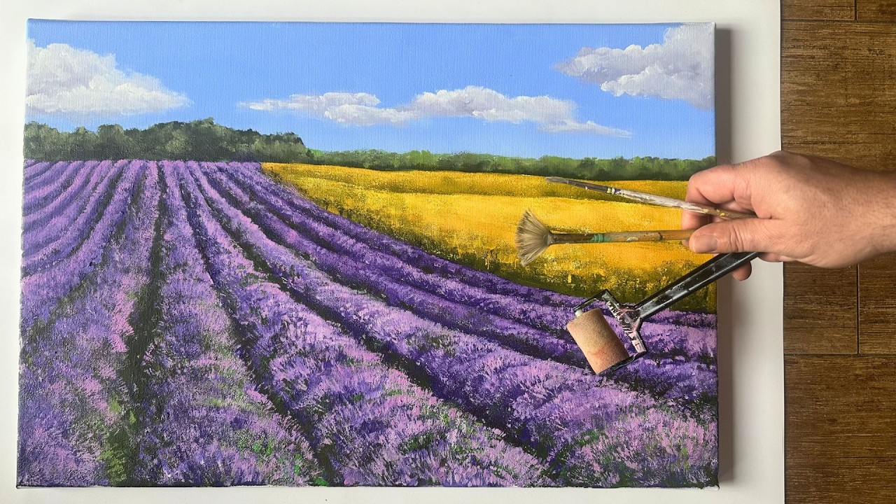 Experiment - Lavendelfeld in Acryl malen nur mit Rollen - (Anleitung) ANFÄNGER & FORTGESCHRITTENE