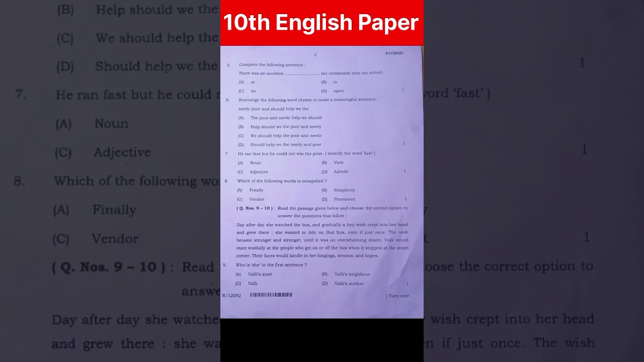 Class 10th English 817(BAD) Pre Board 2025-26 