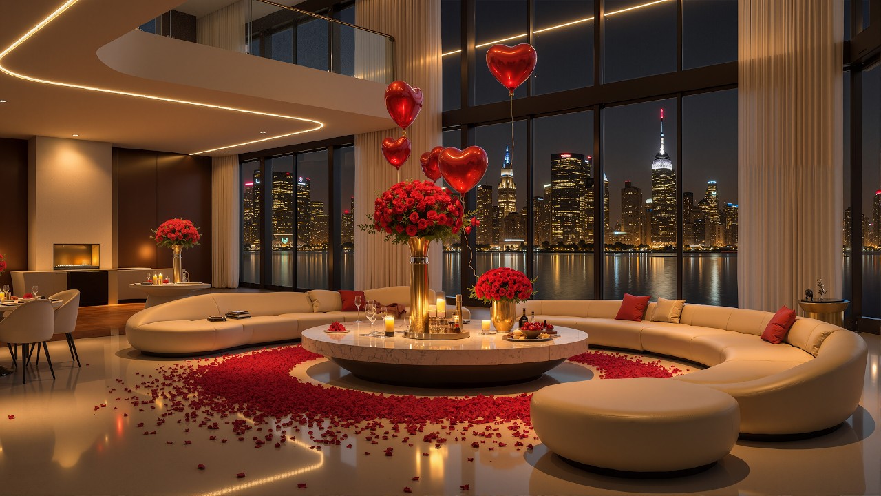 💖 4K Luxury Valentine Penthouse Jazz | Romantic NYC Skyline Night, Candles & Smooth Jazz Ambience 🌹