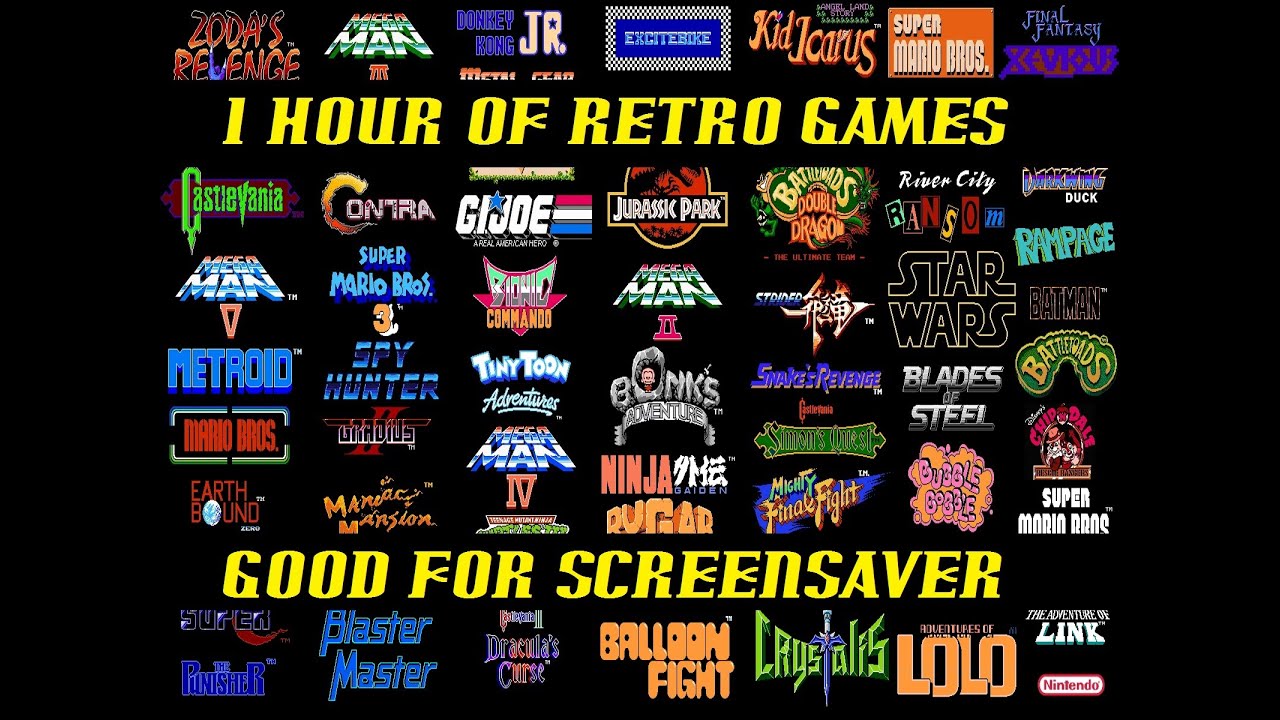 Retro video games Screensaver. 1 HOUR of HD VDO with names Part 2
